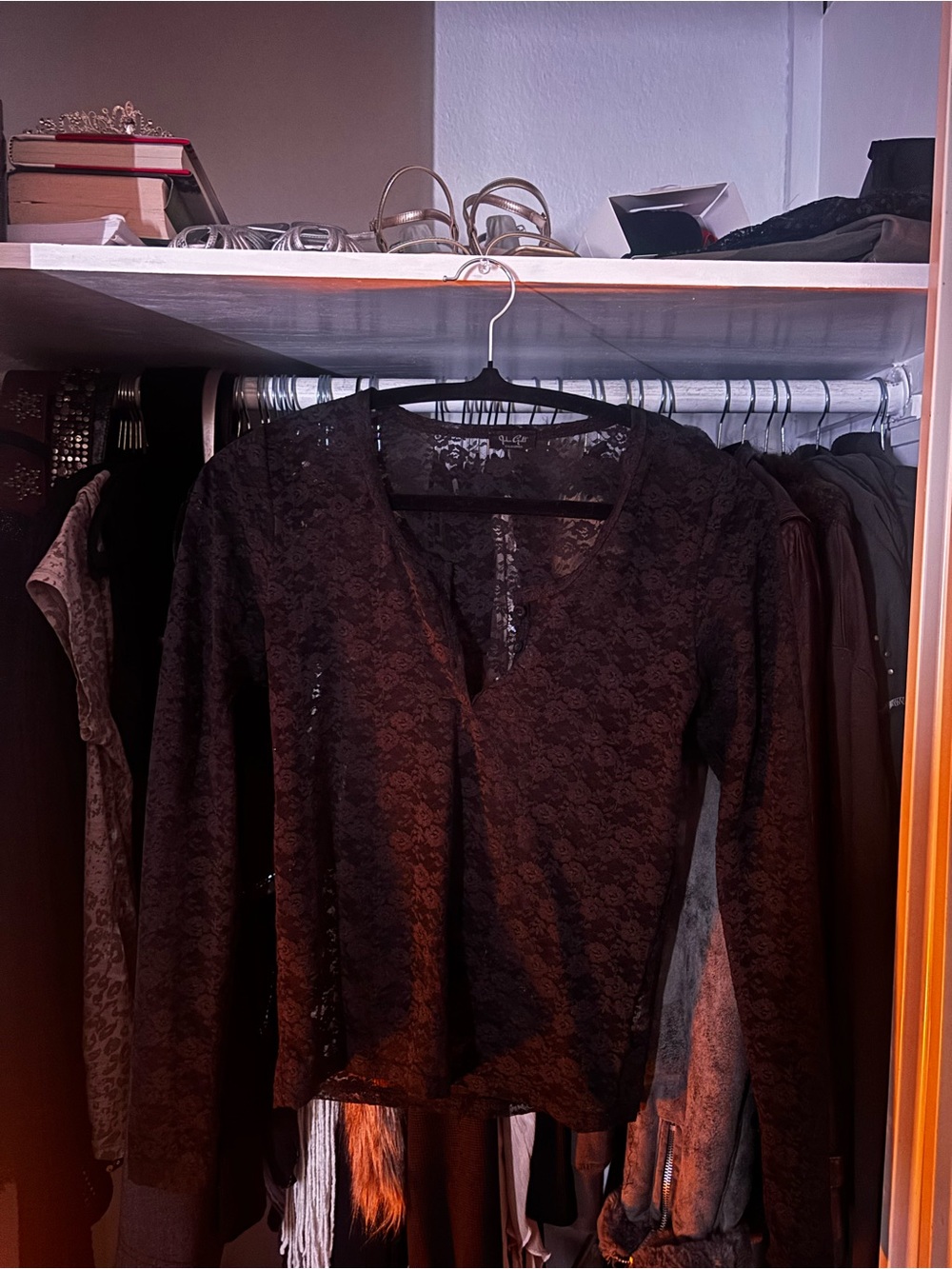 Women's Black Lace Long-Sleeve Henley Top
